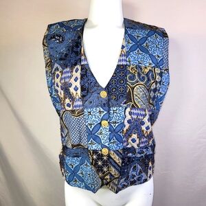 Vintage Effeci Gold Bead Embellished Patchwork Mixed Print Artistian Tie Vest